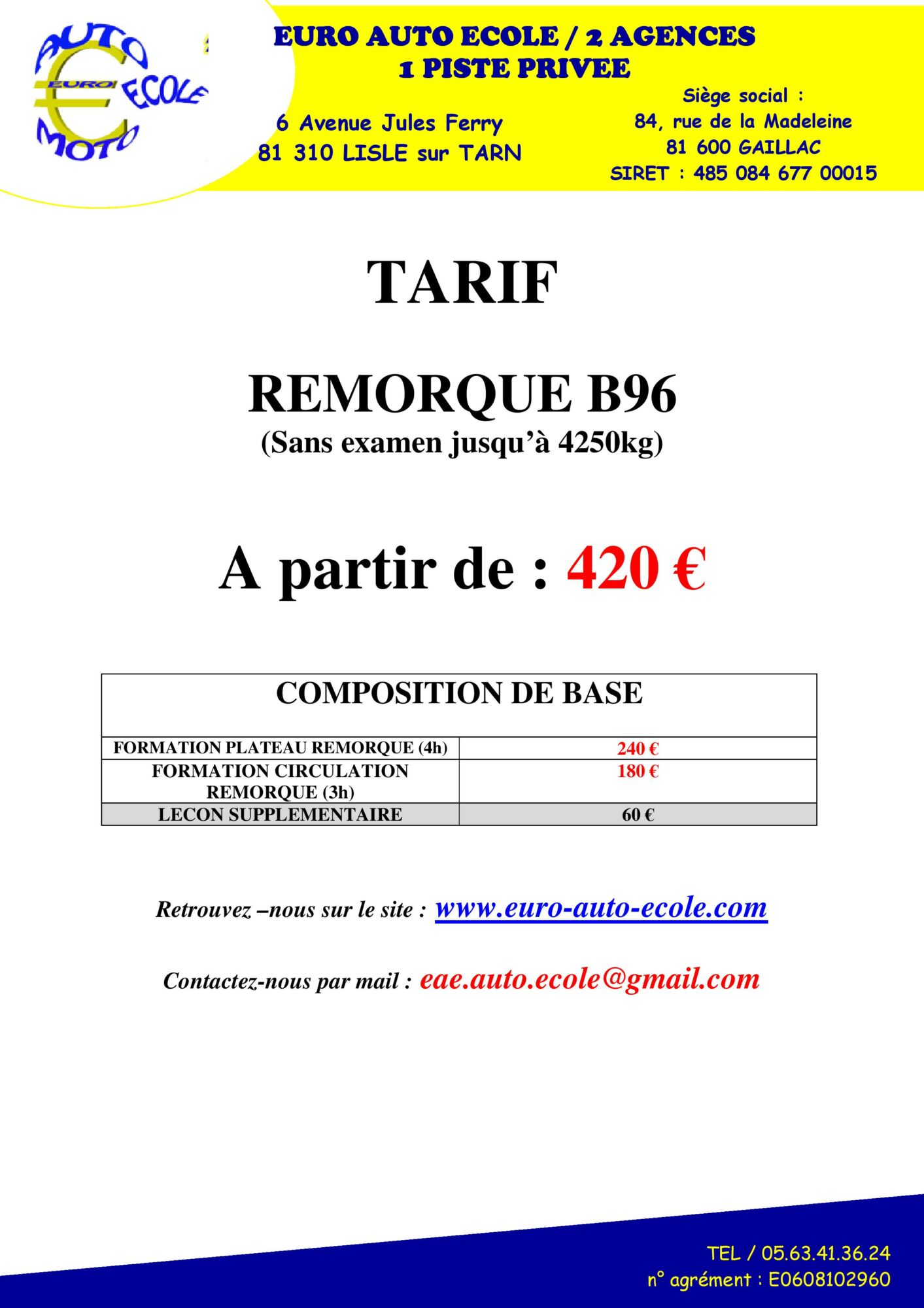 TARIF REMORQUE B96